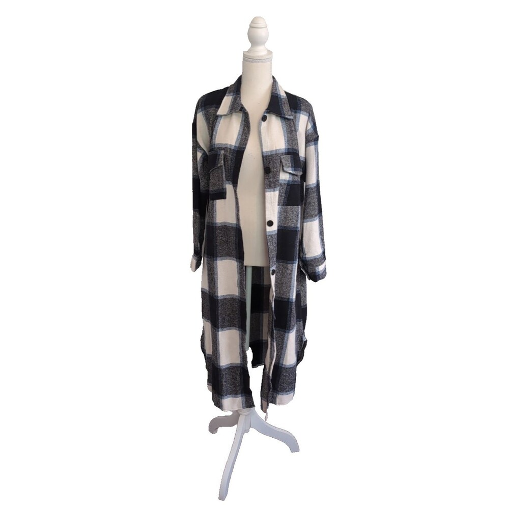 Long Plaid Shirt Midi Dress Women's Blue & White Long Sleeve Size M - Picture 4 of 7